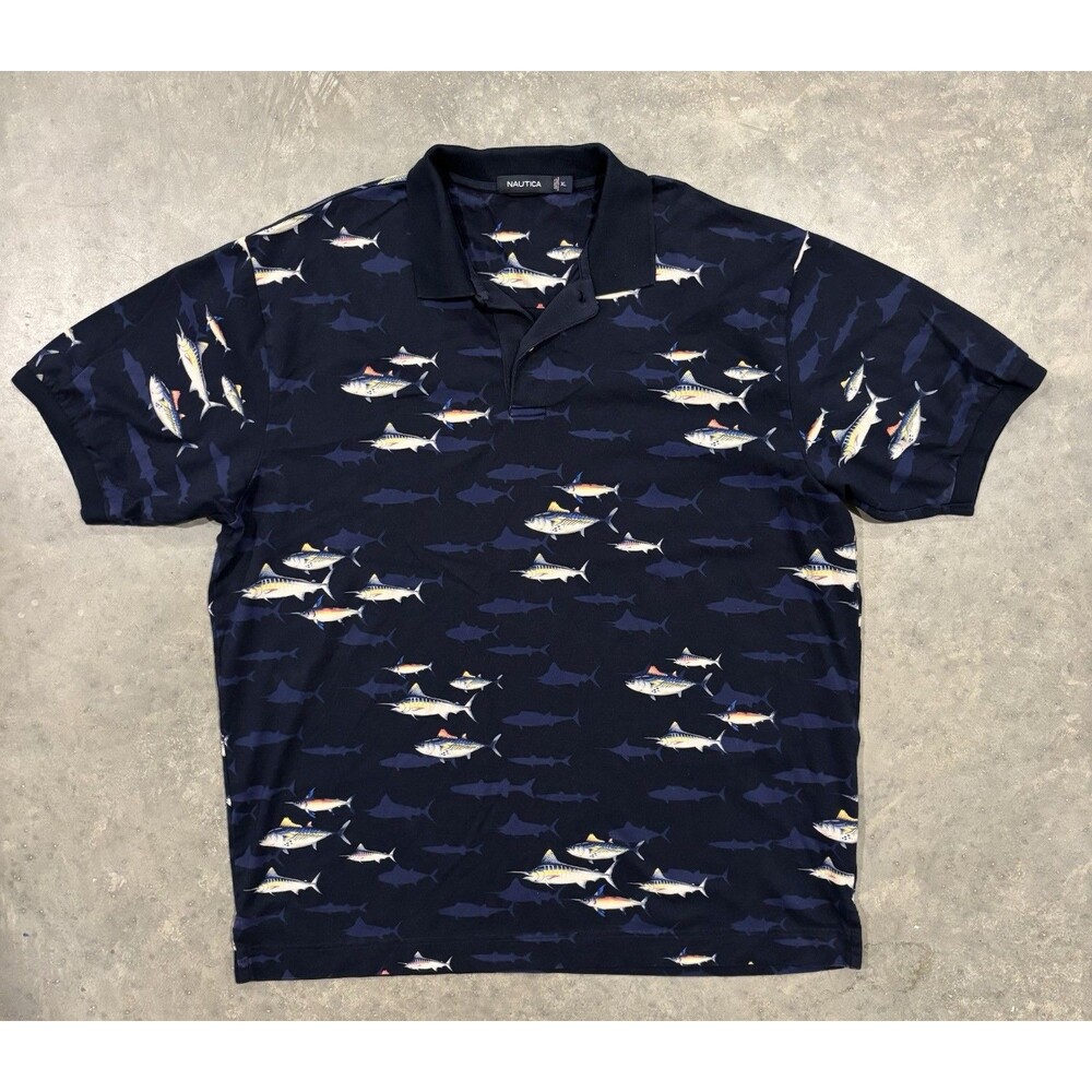Nautica Polo Shirt Mens XL Fish All Over AOP Navy Blue Short Sleeve Fishing